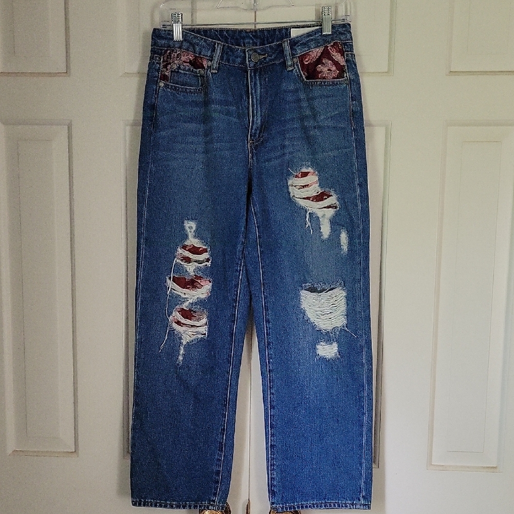Vince Camuto Distressed Patchwork Straight Lwg Jeans Womwns Sz 27 Sz 4